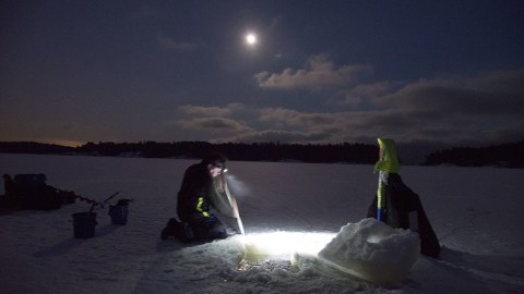 Checking the fishing nets in a moonlight