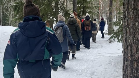 Ryhmä ihmisiä kävelee metsäpolkua talvella