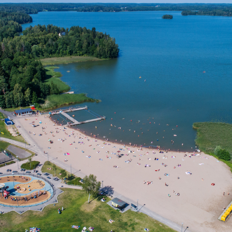 Dron view over lakeside beach and recreational area