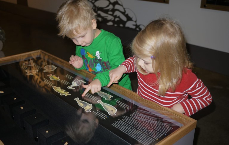 Kaksi lasta koskee näyttelypaneeliin KAMUn Tuhat tarinaa Espoossa näyttelyssä.