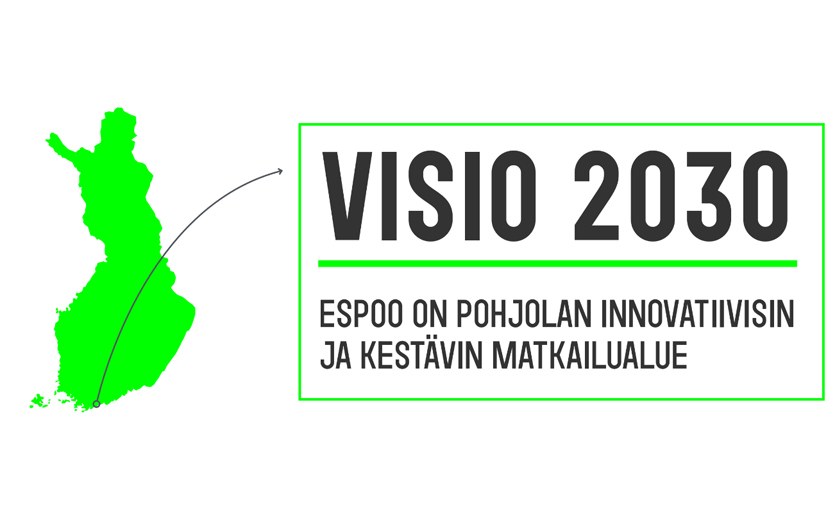 Suomen kartta, johon merkitty Espoo ja tekstinä VISIO 2030. 