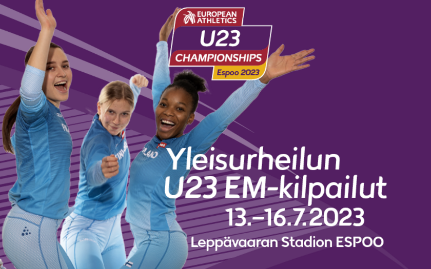 Promotional banner of the U23 European Athletics Championships, which tells the time of the competitions 13-16 July. and the location, Leppävaara Stadium.