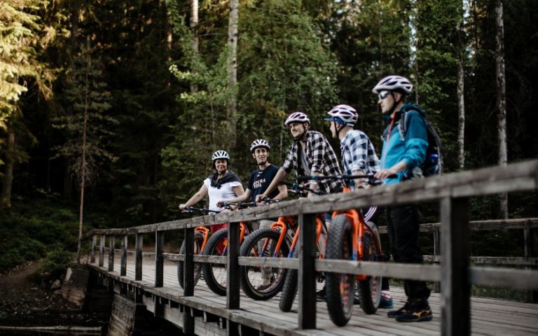 Group with bike enjoying view from wooden bridge in National Park Nuuksio