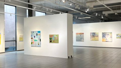 Paintings by Jyrki Setälä and Anne Ovaska in a bright gallery space in May 2023