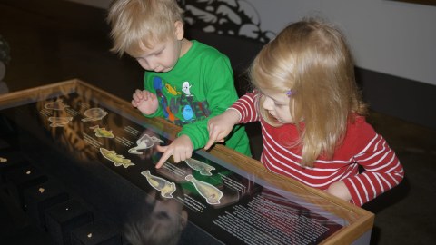 Kaksi lasta koskee näyttelypaneeliin KAMUn Tuhat tarinaa Espoossa näyttelyssä.