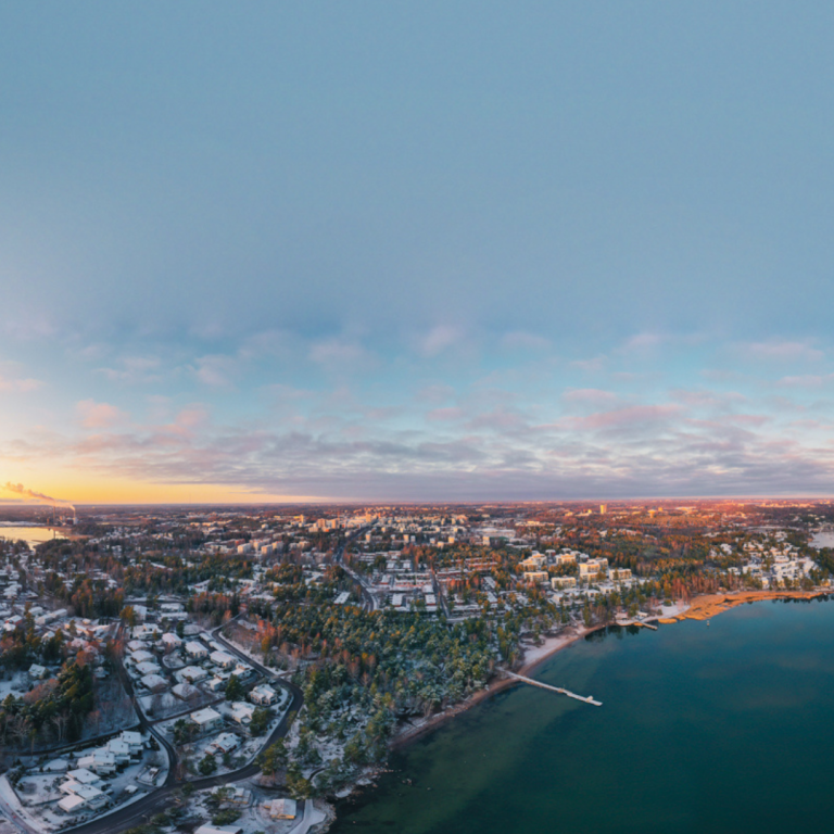 Dron view over snowy Espoo archipelago