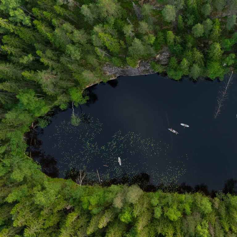 Dron photo over a long lake with surrounding green Nuuksio National Park and Sup boarders on the lake