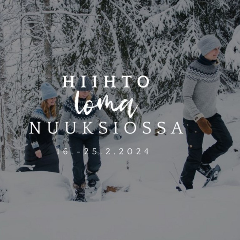 Kolme henkilöä lumikenkäilee villapaidat päällä lumisessa metsässä.