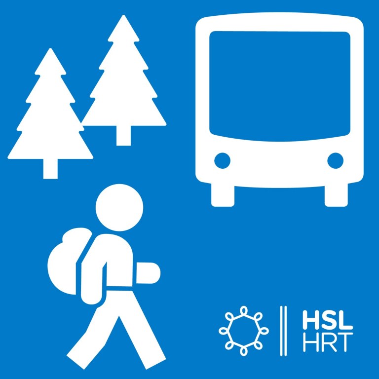 HSL:n symbolein tehty kuva, jossa metsää, bussi ja retkeilijä.