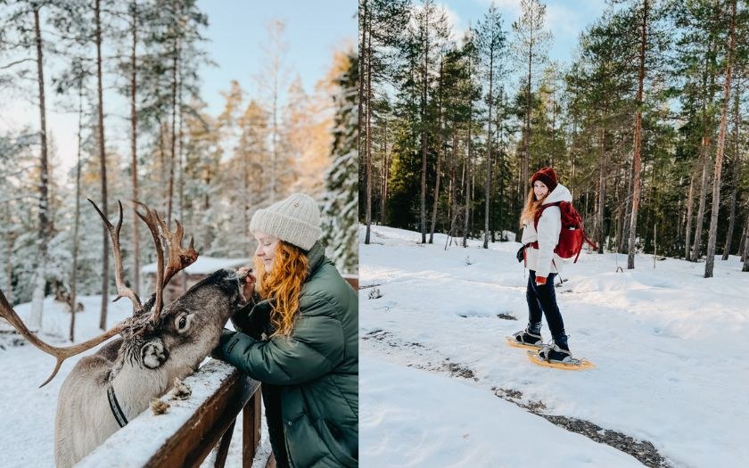 Woman with reindeer and woman snowshoeing