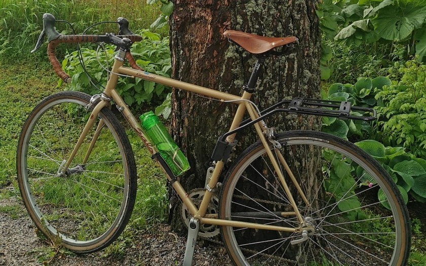 Maantiepyörä nojaamassa puuhun Espoon Rantaraitin varrella.