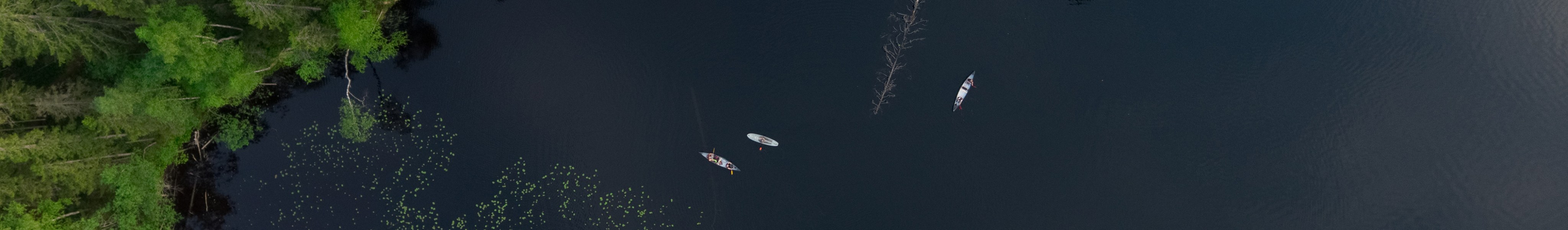 Aerial view of the forest lake in Nuuksio National Park. Three people are stand up paddling..