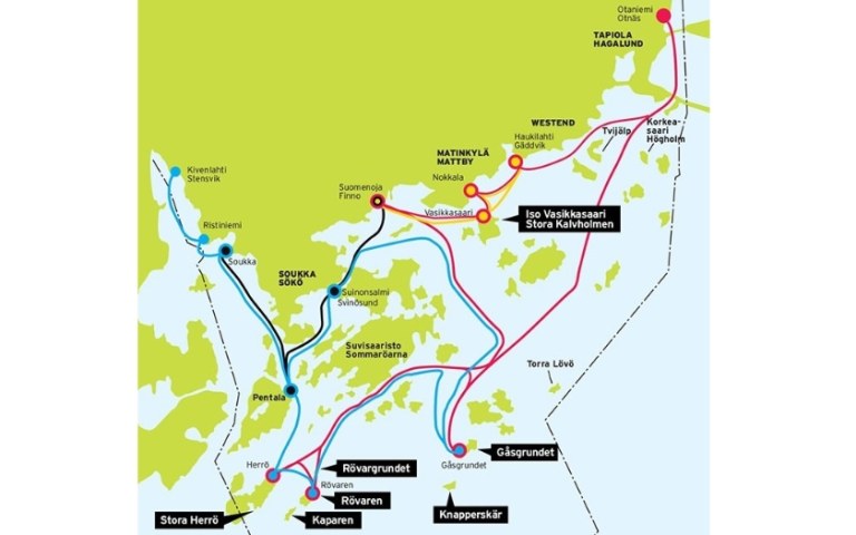 Espoo archipelago map with harbors and public boat lines