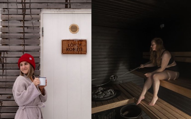 Women sitting in front of sauna with a mug and woman sitting in sauna
